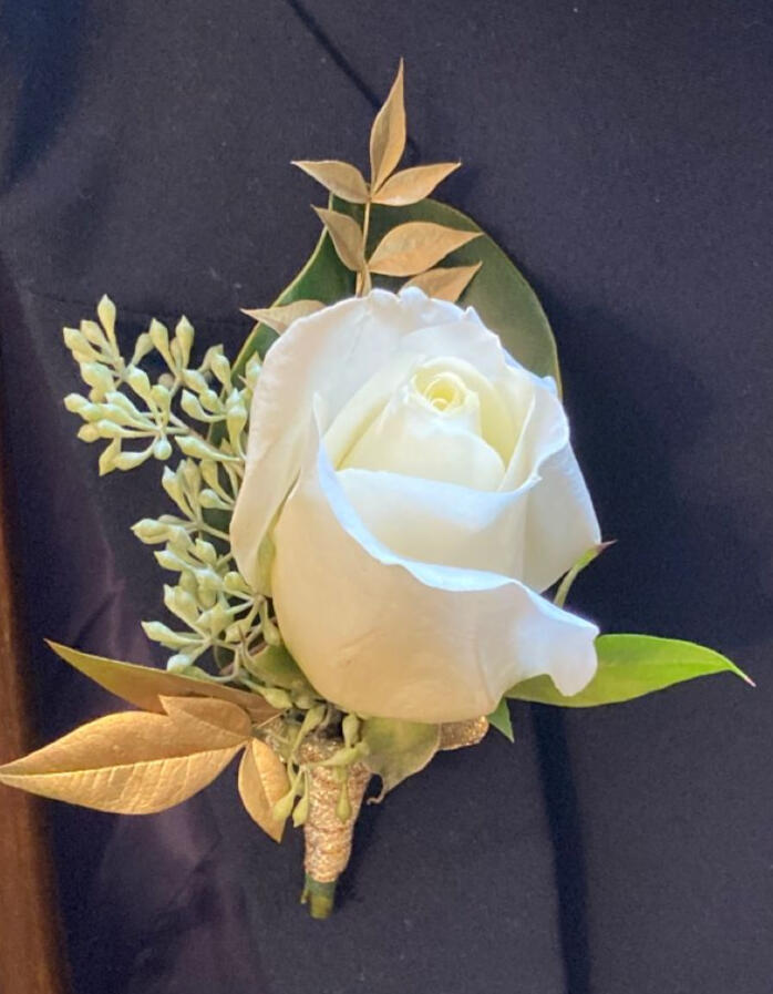 White rose boutonniere with gold accents